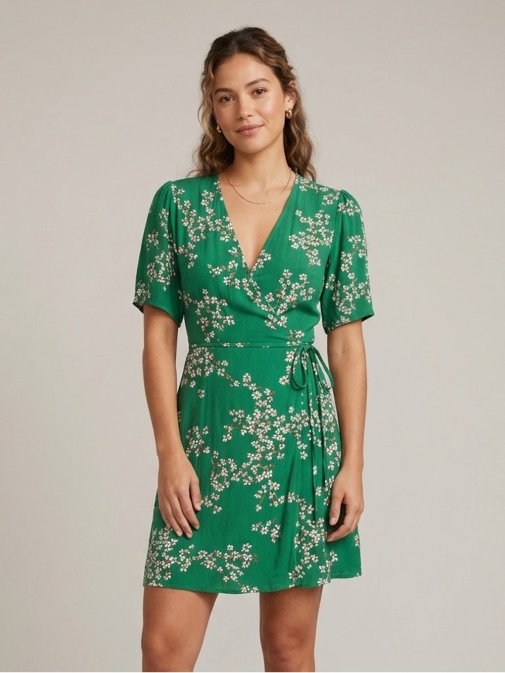 Faithfull The Brand Sz 4 Green Floral Cottagecore Mini Wrap Dress